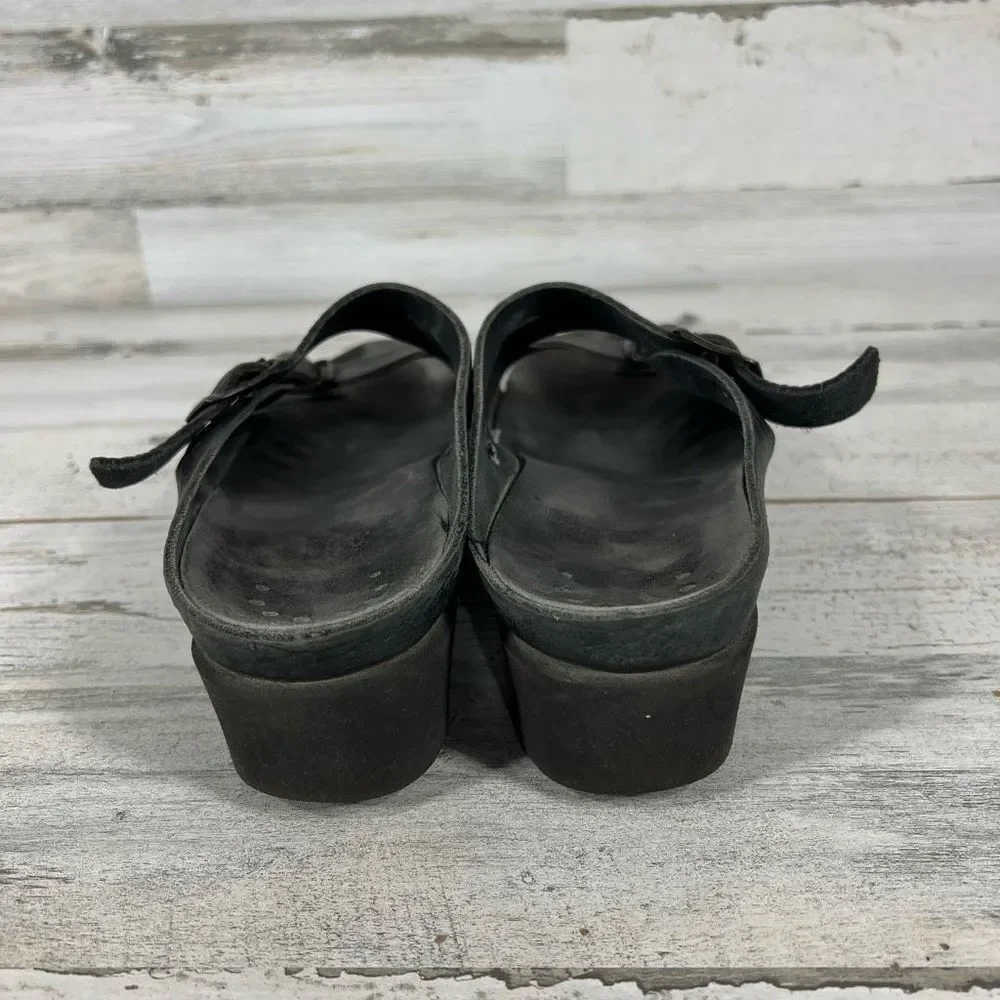 Mephisto Women's Sandals Mid Heel Slip On Buckle Leather Strap Black Size‎ 9